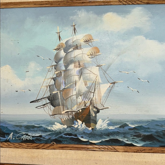 Vintage Clipper Ship Oil Painting on Canvas in a Handmade Wooden Frame - Picture 2 of 5